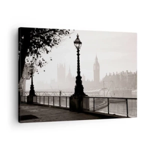 Schilderen op canvas - Een monochroom beeld van Big Ben en de Theems. - 70x50cm - Ochtend in Londen - Moderne wanddecoratie voor woonkamer en slaapkamer ARTTOR