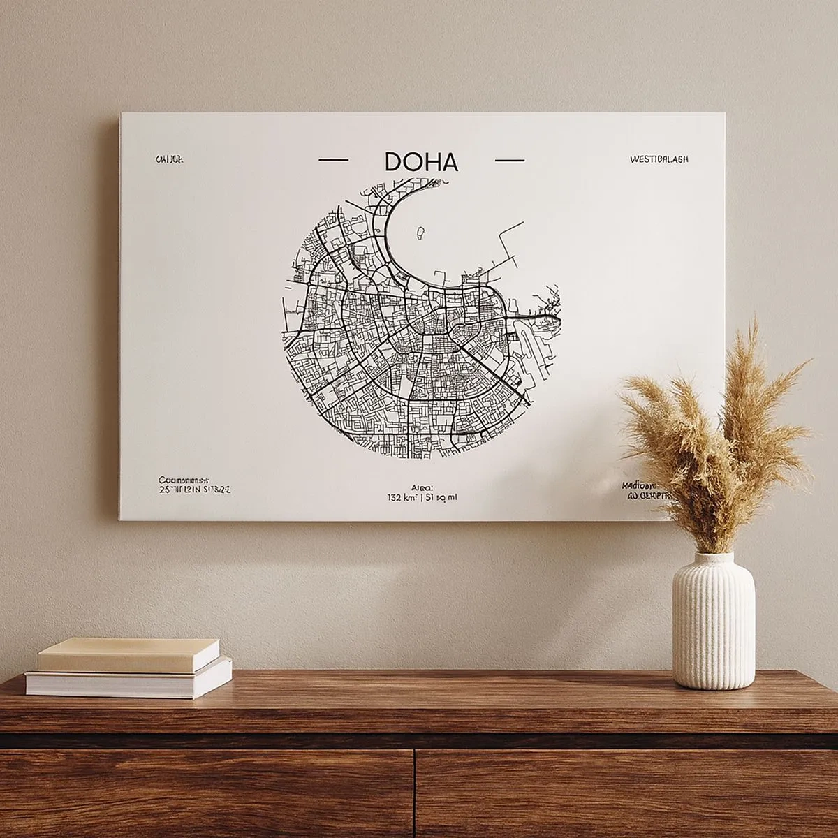 Schilderen op canvas - Een minimalistische kaart van Doha in zwart-wit met nauwkeurige details. - 70x50cm - Anatomie van Doha - Moderne wanddecoratie voor woonkamer en slaapkamer ARTTOR