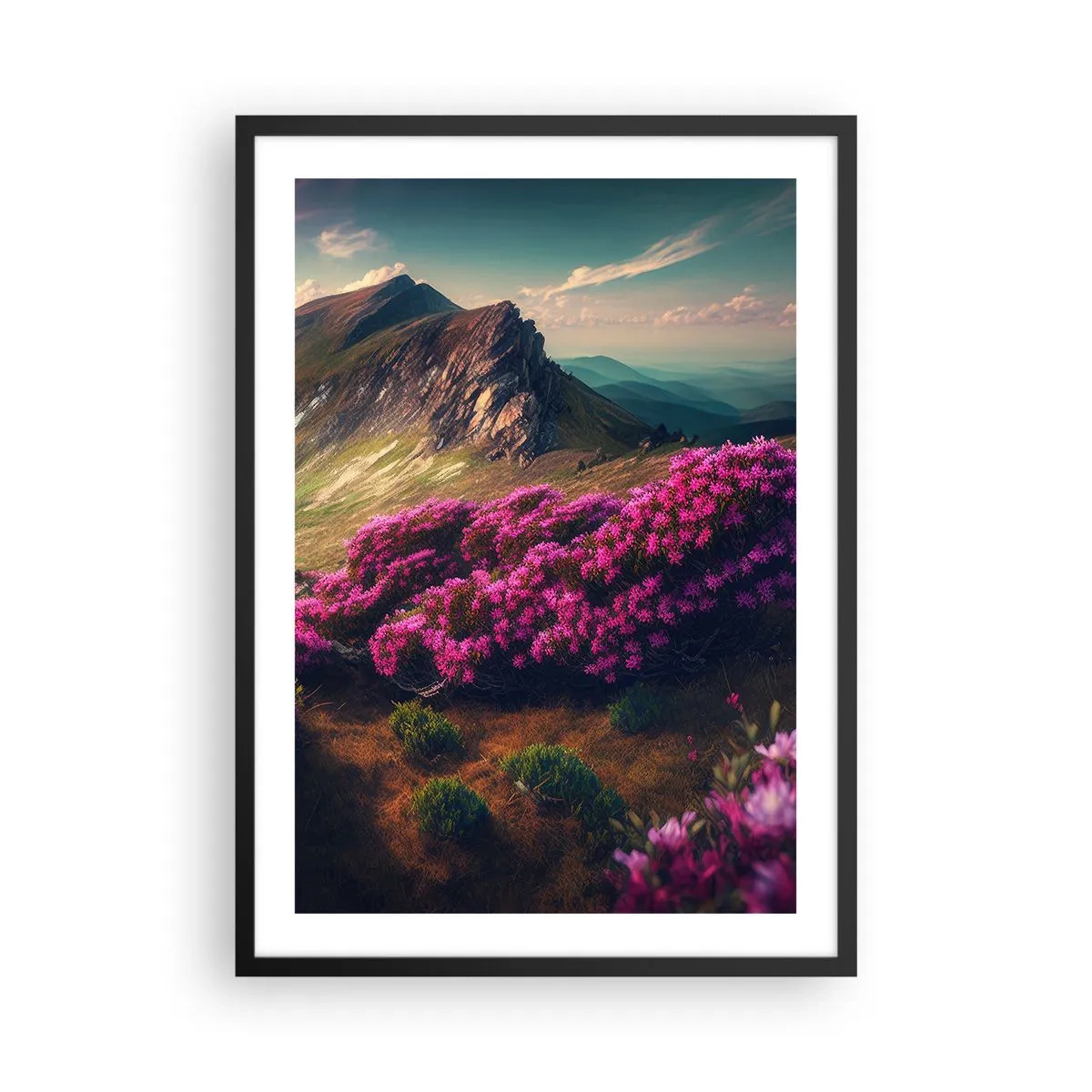 Poster in een zwarte lijst - Berglandschap met bloeiende rododendrons - 50x70cm - Zomer in de bergen - Moderne wanddecoratie voor woonkamer en slaapkamer ARTTOR