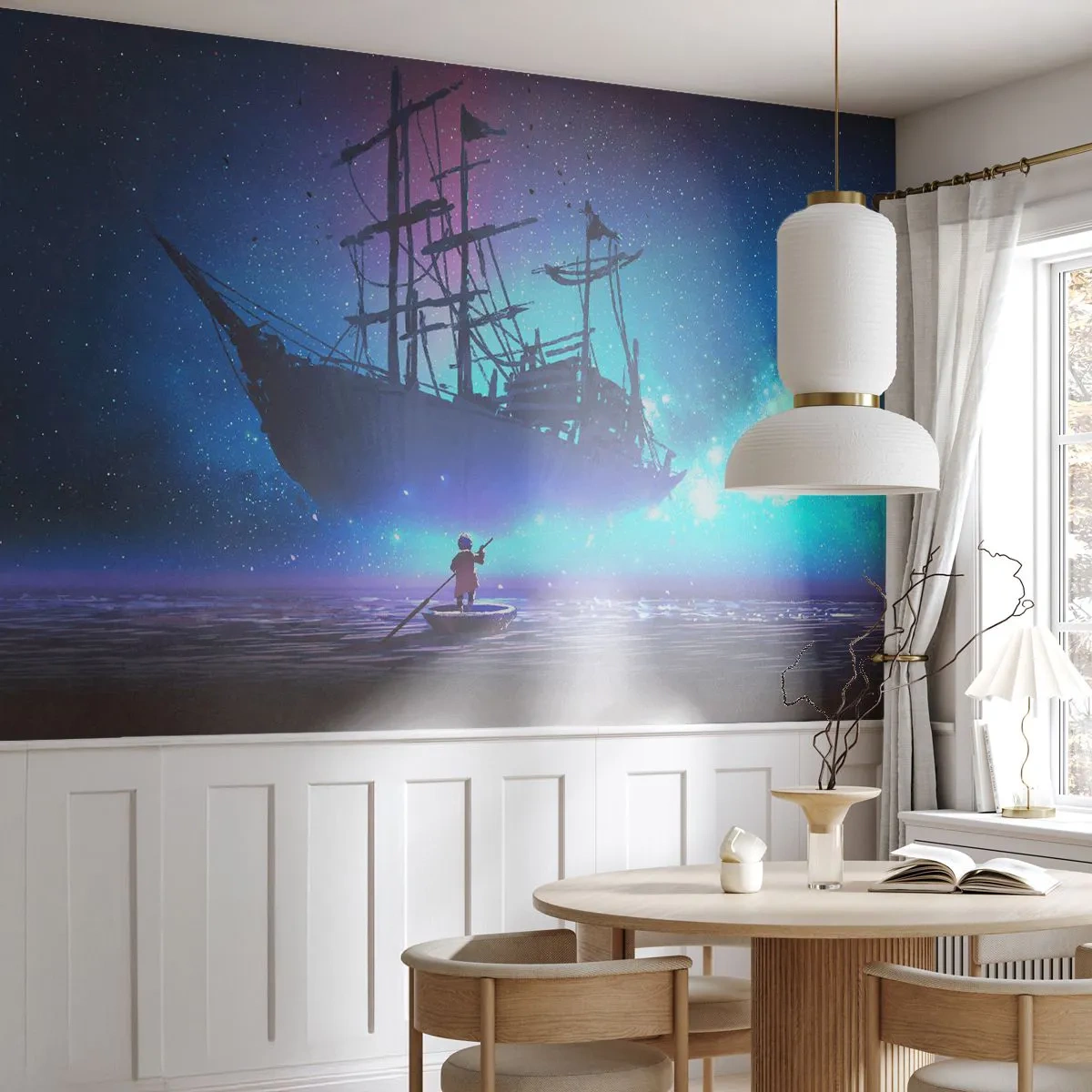 Fotobehang Premium Canvas - Ontmoeting met de mythe van de zee - Grafisch, Fantasie, Spookschip - 500x350 cm