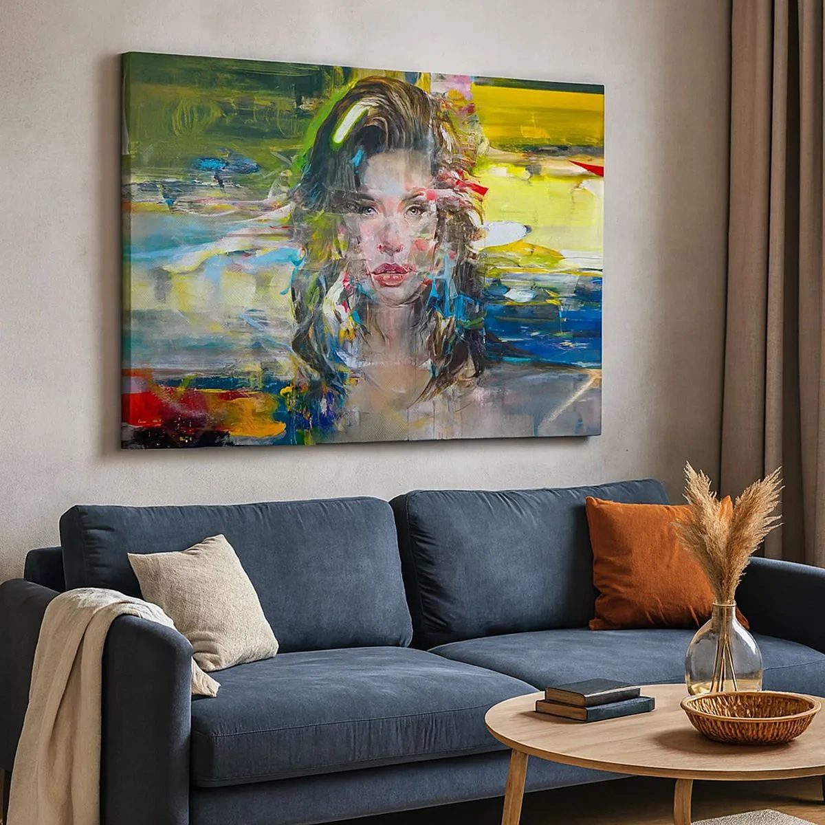 Schilderen op canvas - Abstract portret van een vrouw in intense kleuren - 70x50cm - Achter de lucht een gordijn - Moderne wanddecoratie voor woonkamer en slaapkamer ARTTOR