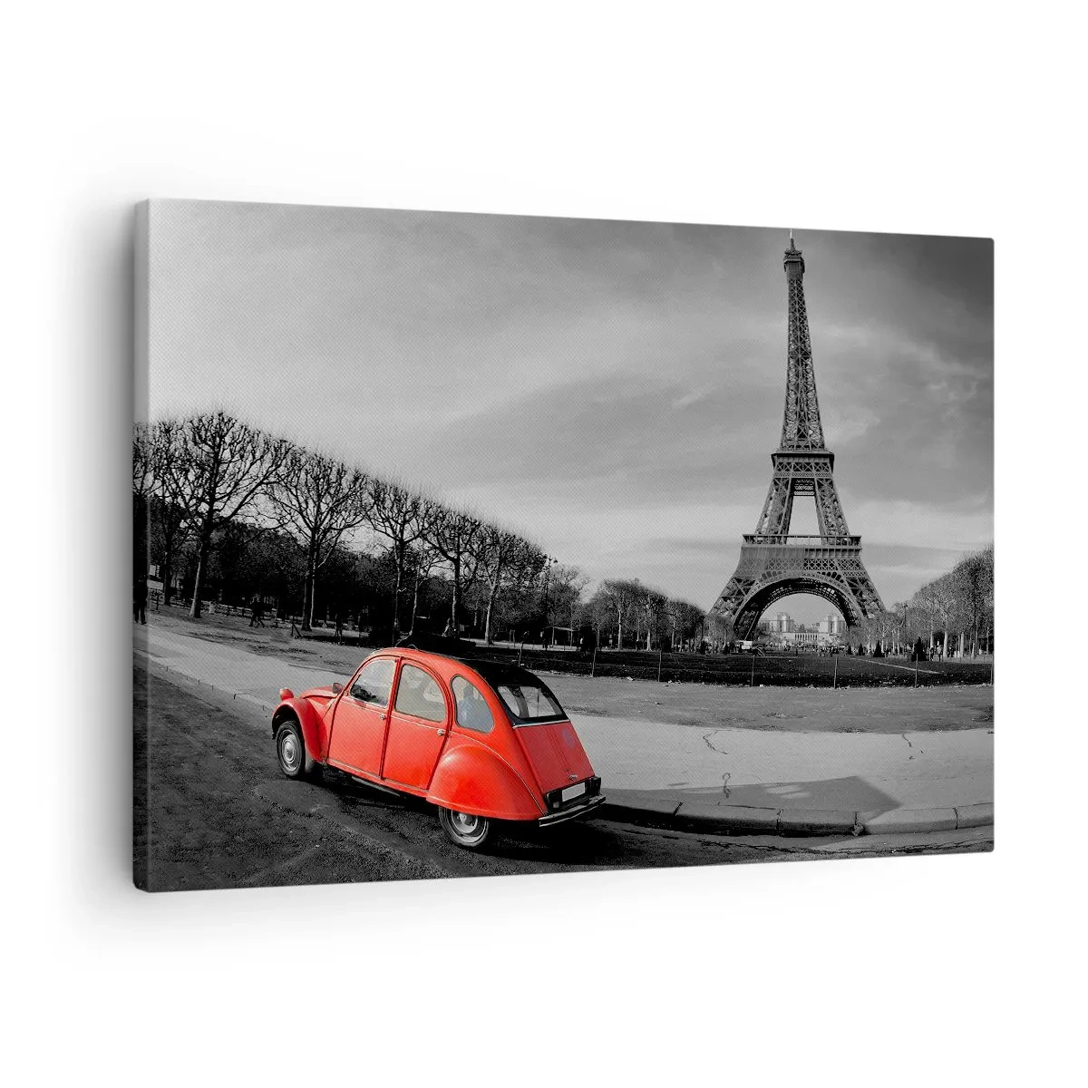 Schilderen op canvas - Een rode auto met de Eiffeltoren op de achtergrond in een zwart-wit landschap - 70x50cm - Meer Parijs dan Parijs zelf - Moderne wanddecoratie voor woonkamer en slaapkamer ARTTOR