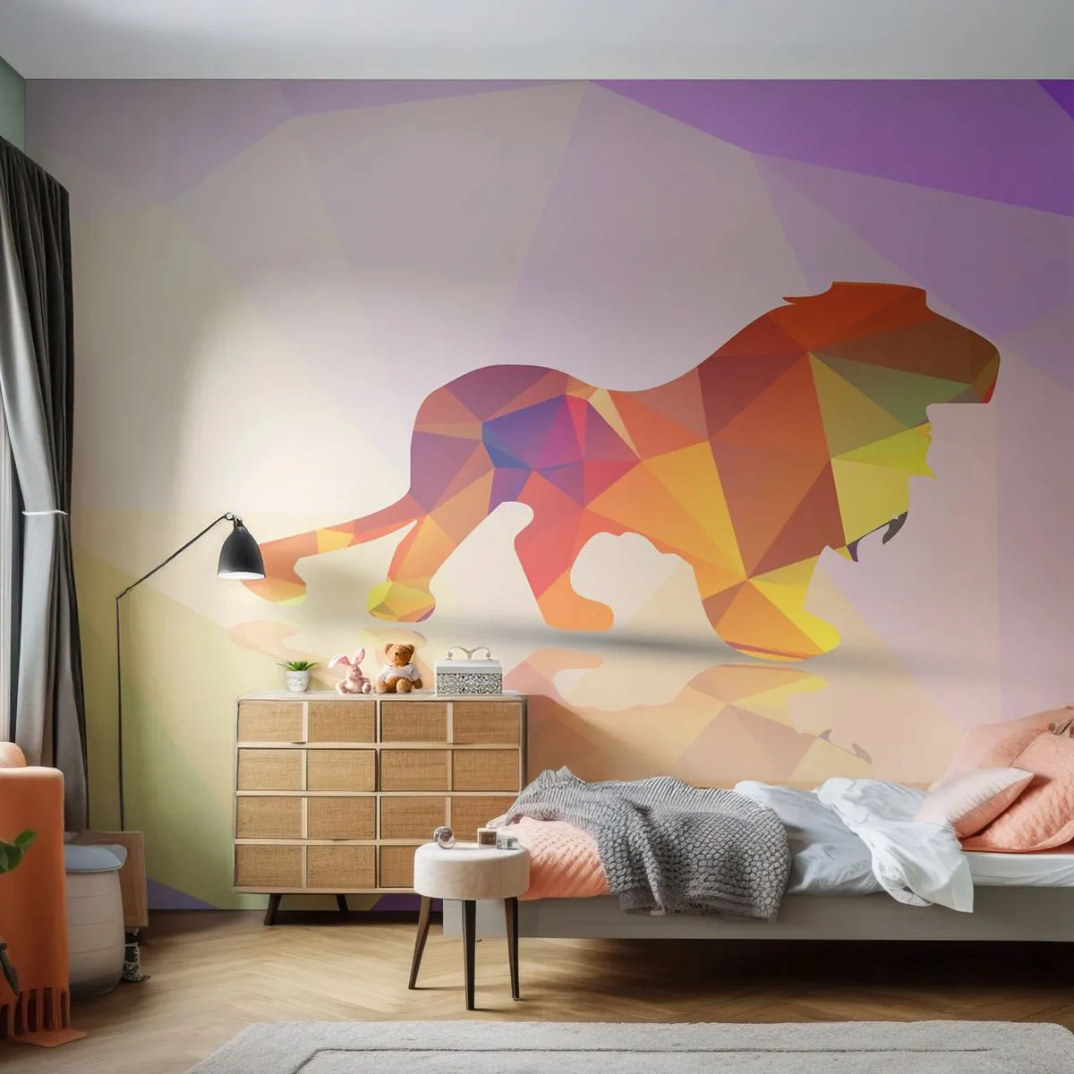 Fotobehang Premium Canvas - De diamanten koning - Dieren, Leeuw, Geometrische figuur - 400x280 cm