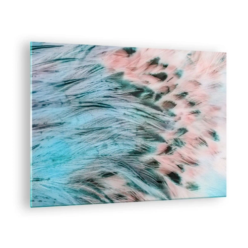 Schilderen op glas - Close-up van veren in saffierroze tinten - 70x50cm - Saffier roze dons - Moderne wanddecoratie voor woonkamer en slaapkamer ARTTOR