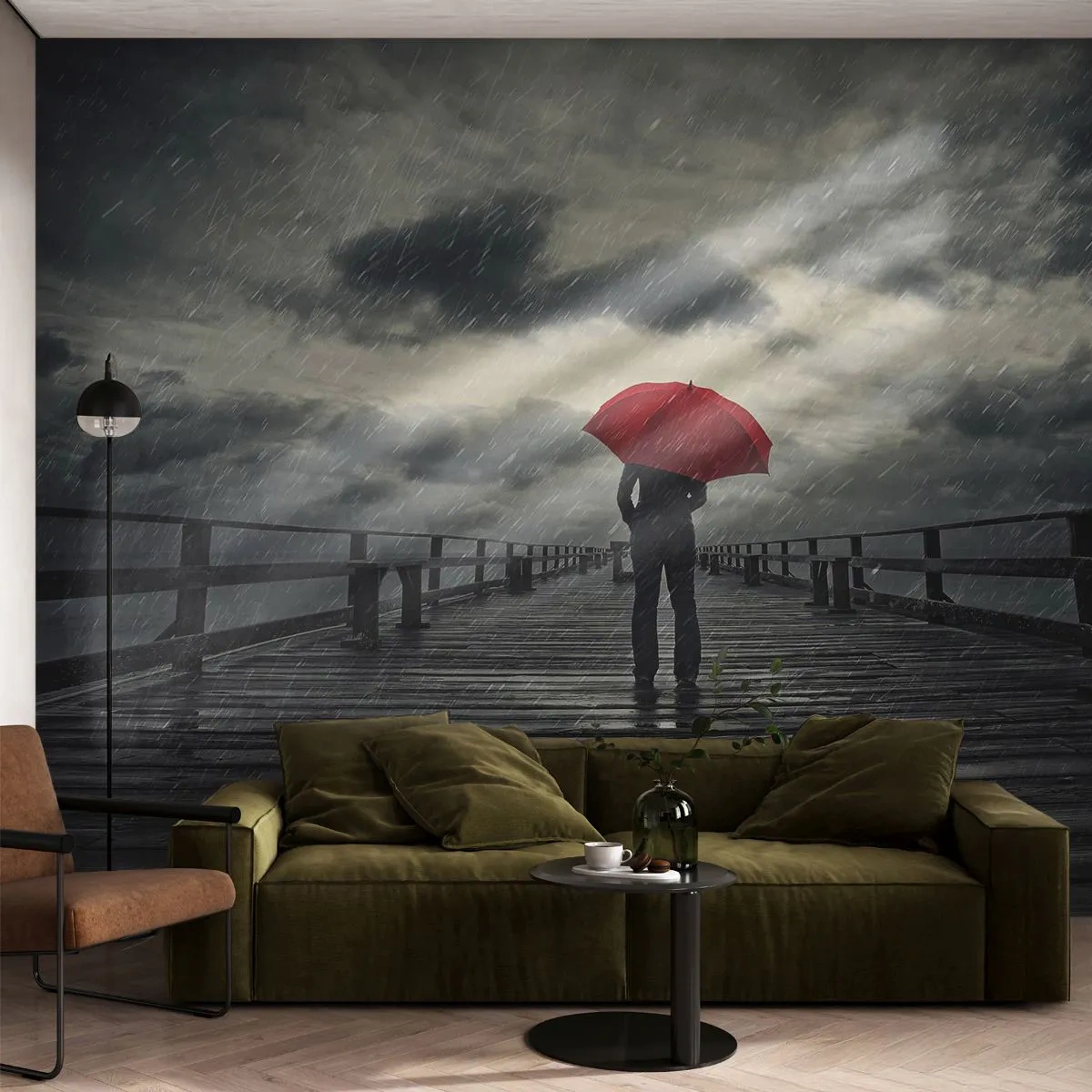 Fotobehang Premium Sand - Het maakt niet uit dat het regent - Houten pier, Zee, Lopen in de regen - 100x70 cm