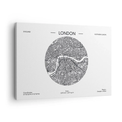 Schilderen op canvas - Een minimalistische kaart van Londen in zwart-wit met nauwkeurige details. - 70x50cm - Anatomie van Londen - Moderne wanddecoratie voor woonkamer en slaapkamer ARTTOR