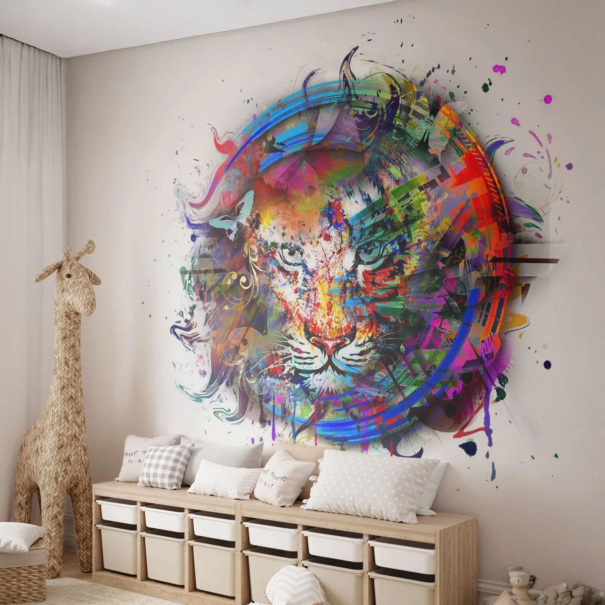 Zelfklevend Fotobehang Deluxe Sticker - Het schuilt achter een regenboogsluier - Abstractie, Tijger, Grafisch - 250x175 cm