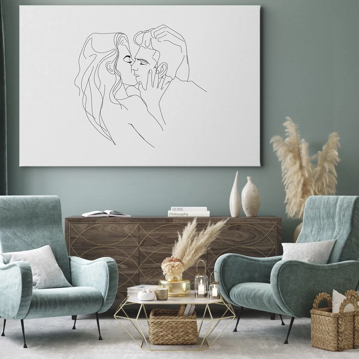 Schilderen op canvas - De contouren van een kussend stel op een lichte achtergrond - 70x50cm - Dezelfde regel - Moderne wanddecoratie voor woonkamer en slaapkamer ARTTOR