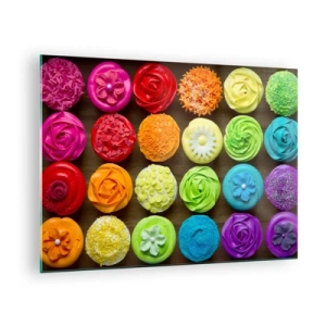 Schilderen op glas - Kleurrijke cupcakes met versieringen op een houten achtergrond - 70x50cm - Elk anders - allemaal lekker  - Moderne wanddecoratie voor woonkamer en slaapkamer ARTTOR