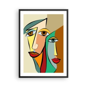 Poster in een zwarte lijst - Abstracte kubistische gezichten in warme kleuren - 50x70cm - Kubistisch koppel - Moderne wanddecoratie voor woonkamer en slaapkamer ARTTOR