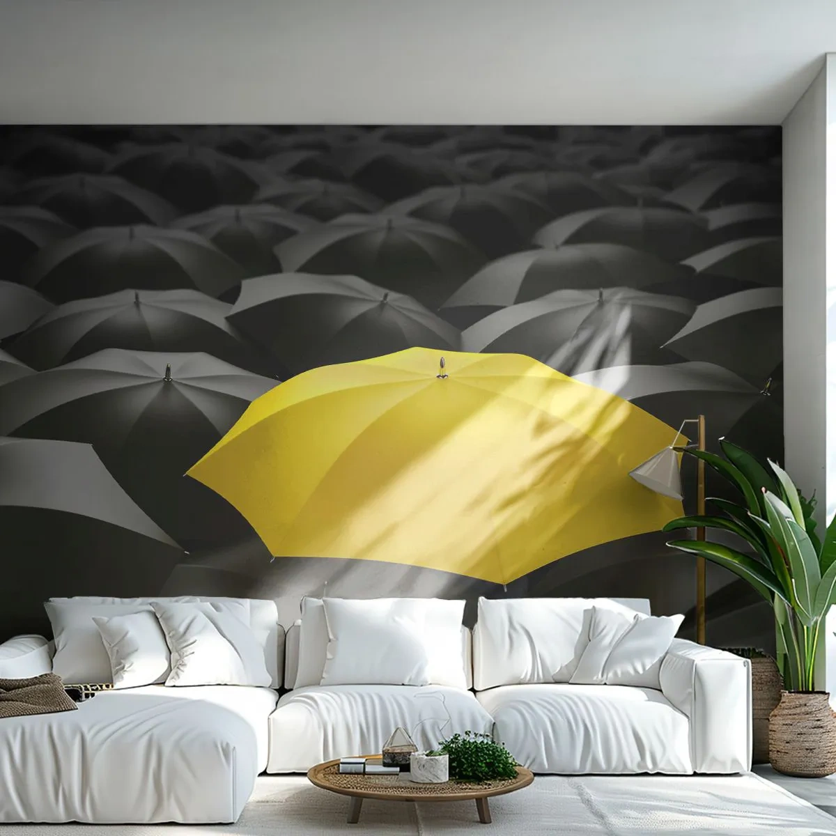 Zelfklevend Fotobehang Deluxe Sticker - Vaarwel verdriet - Gele paraplu's, Grafisch, Concept - 250x175 cm