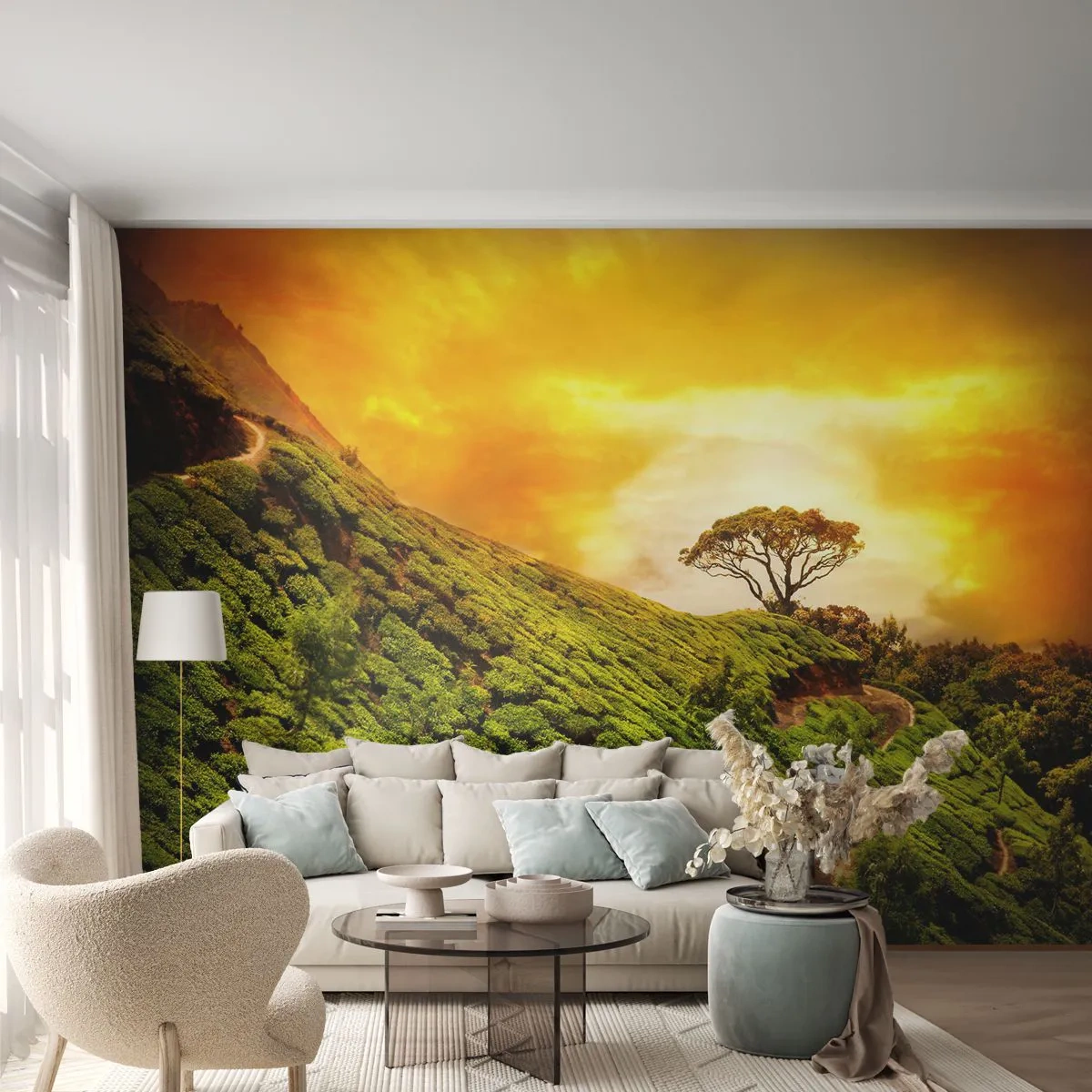 Fotobehang Premium Sand - Een kronkelend pad, een groene helling - Landschap, Theeplantage, Indië - 100x70 cm
