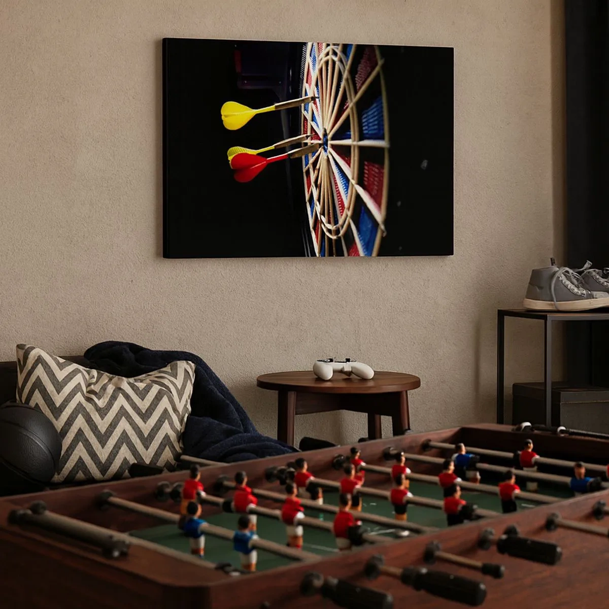 Schilderen op canvas - Een dartbord met raakpijltjes op een zwarte achtergrond - 70x50cm - De spikerop de kop - Moderne wanddecoratie voor woonkamer en slaapkamer ARTTOR