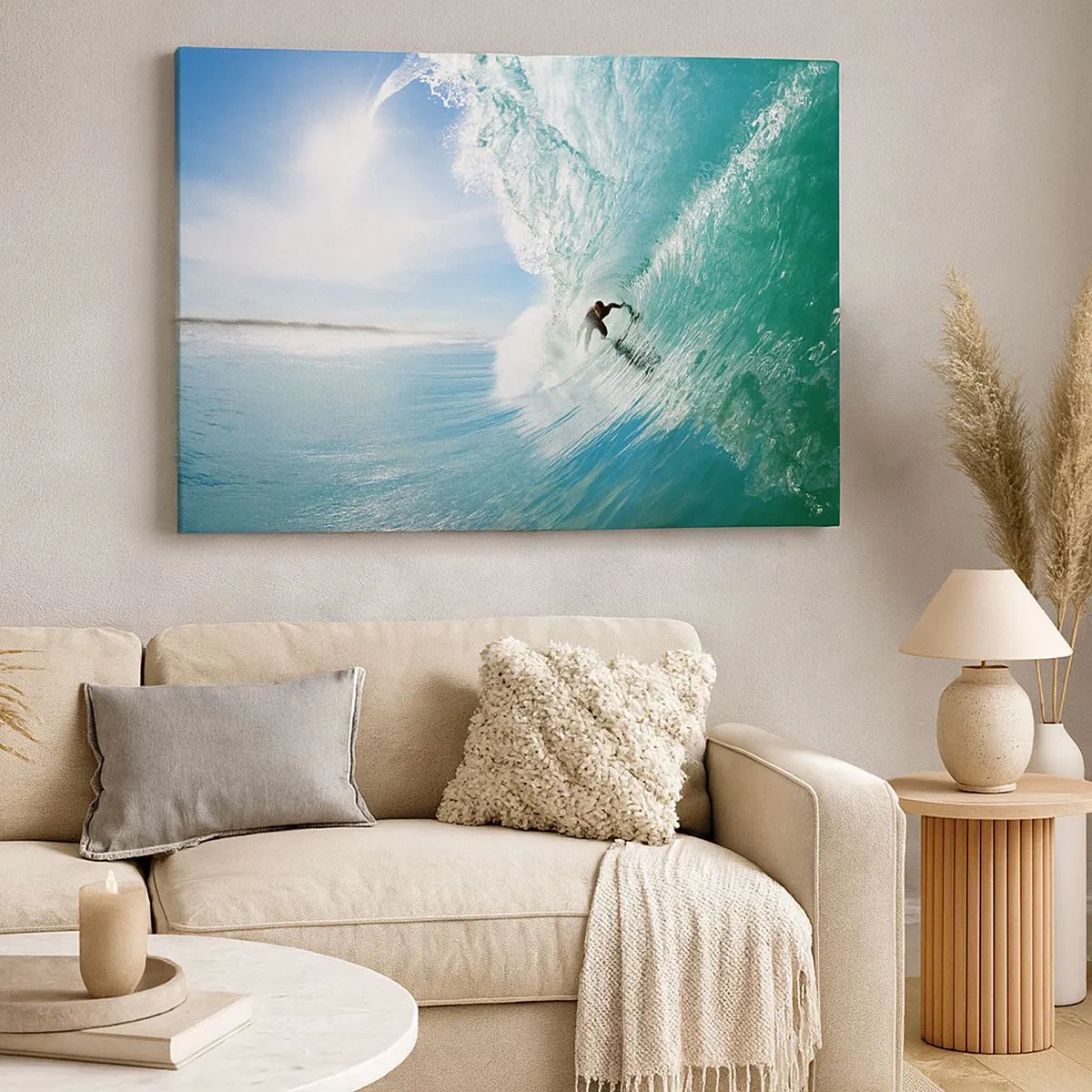 Schilderen op canvas - Een surfer die op een golf rijdt in het zonlicht tegen een blauwe lucht - 70x50cm - Altijd op de golf - Moderne wanddecoratie voor woonkamer en slaapkamer ARTTOR