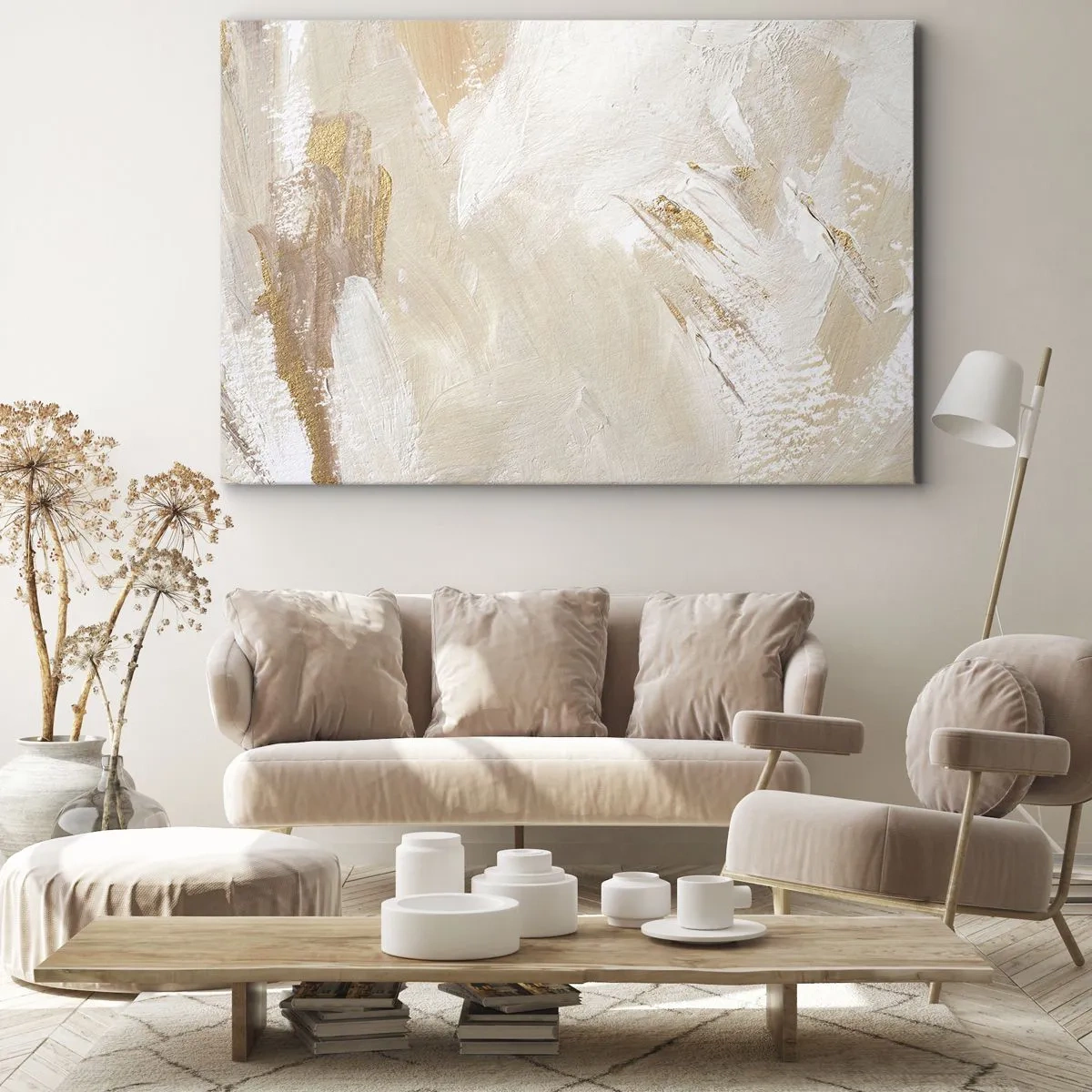 Schilderen op canvas - Delicate abstracte tinten in beige en goudtinten - 70x50cm - Pastelkleurige compositie - Moderne wanddecoratie voor woonkamer en slaapkamer ARTTOR