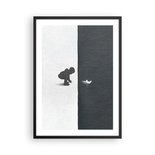 Poster in een zwarte lijst - Een kind dat met een papieren bootje over het water leunt - 50x70cm - Geweldige expeditie - Moderne wanddecoratie voor woonkamer en slaapkamer ARTTOR