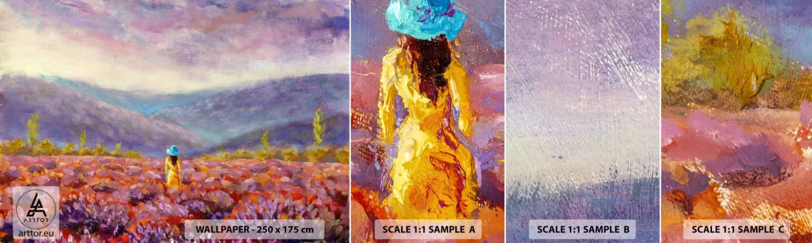 Fotobehang Staaltje Standard Eco - In een lavendelwereld - Landschap, Vrouw, Lavendelveld - 100x30 cm