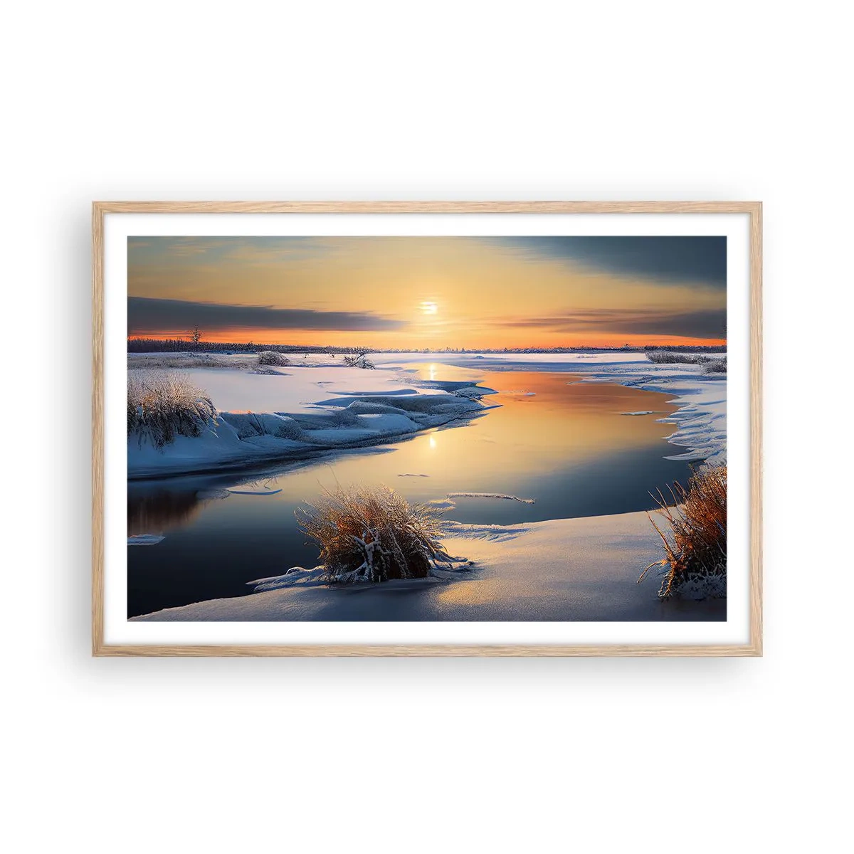 Een poster in een licht eiken lijst - Winterse zonsondergang - 91x61 cm