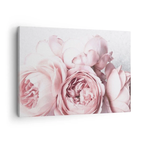 Schilderen op canvas - Roze pioenrozen in zacht licht tegen een lichte achtergrond - 70x50cm - Voor romantici - Moderne wanddecoratie voor woonkamer en slaapkamer ARTTOR