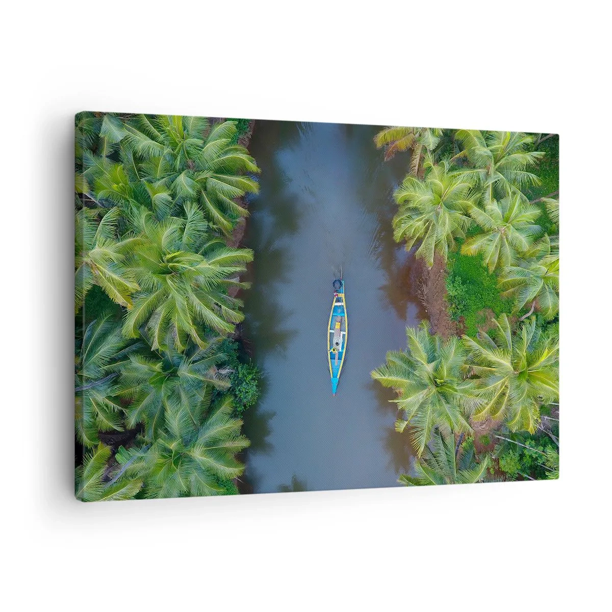 Schilderen op canvas - Een vogelperspectief van een boot op een rivier omgeven door palmbomen - 70x50cm - Op een tropisch parcours - Moderne wanddecoratie voor woonkamer en slaapkamer ARTTOR