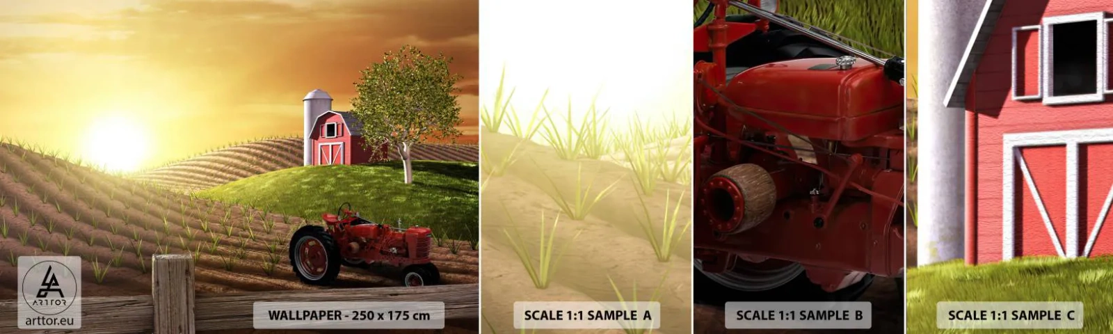 Fotobehang Monster Zelfklevend Deluxe Sticker - Een boerderij als uit een sprookje - Boerderij, Landschap, Tractor - 100x30 cm