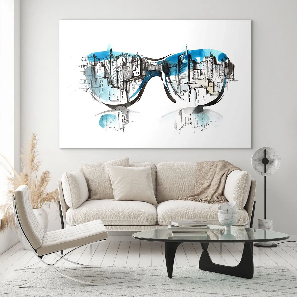 Schilderen op glas - Het stadsgezicht weerspiegeld in een zonnebril - 70x50cm - Chique van de grote stad - Moderne wanddecoratie voor woonkamer en slaapkamer ARTTOR