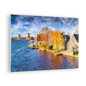 Schilderen op glas - Pittoreske Hollandse waterkanthuisjes met windmolens - 70x50cm - Eeuwenlang geen verandering - Moderne wanddecoratie voor woonkamer en slaapkamer ARTTOR