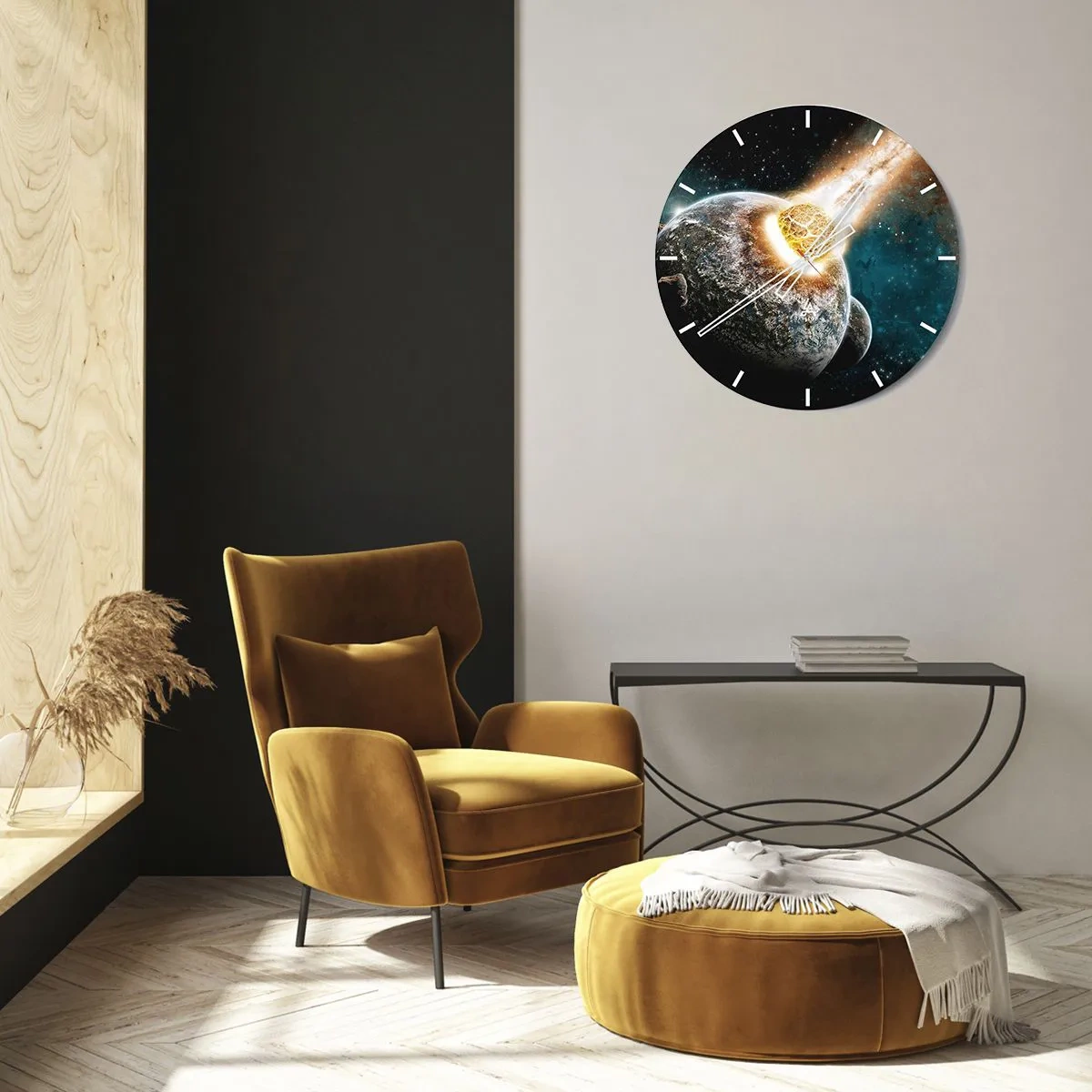 Wandklok - Klok - Aarde en meteoriet in kosmische explosie - 30x30cm - Vernietiging of geboorte - Moderne wanddecoratie voor woonkamer, keuken en slaapkamer ARTTOR