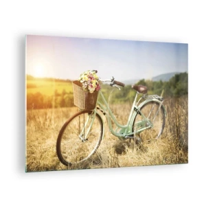 Schilderen op glas - Retro fiets met bloemen tegen een natuurlijke achtergrond - 70x50cm - Ik blijf hier nog even - Moderne wanddecoratie voor woonkamer en slaapkamer ARTTOR