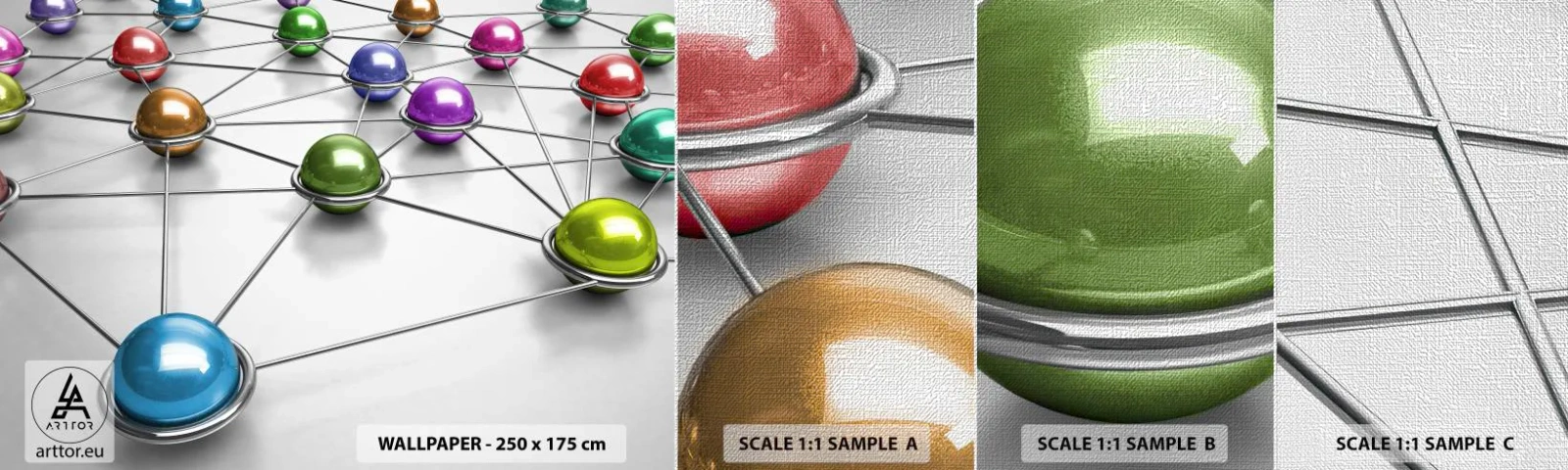 Fotobehang Monster Premium Canvas - Kosmisch spinnenweb - Abstractie, Metalen ballen, 3D - 100x30 cm