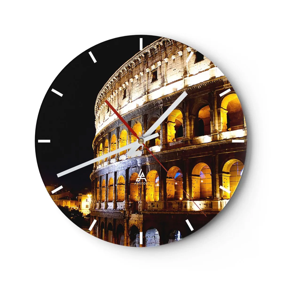 Wandklok - Klok - Het Colosseum verlicht 's nachts tegen een zwarte achtergrond - 30x30cm - Het is tijd om de Olympische Spelen te starten - Moderne wanddecoratie voor woonkamer, keuken en slaapkamer ARTTOR