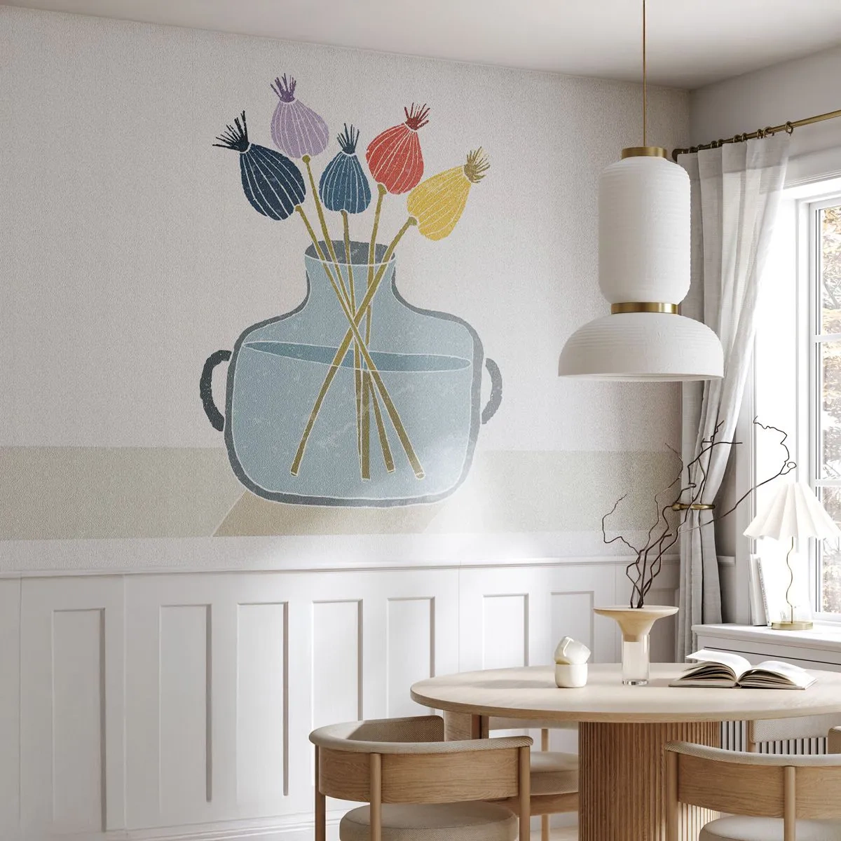 Fotobehang Premium Canvas - Alsof hij met maanzaad heeft gezaaid - Bloemen, Vaas, Minimalisme - 250x175 cm