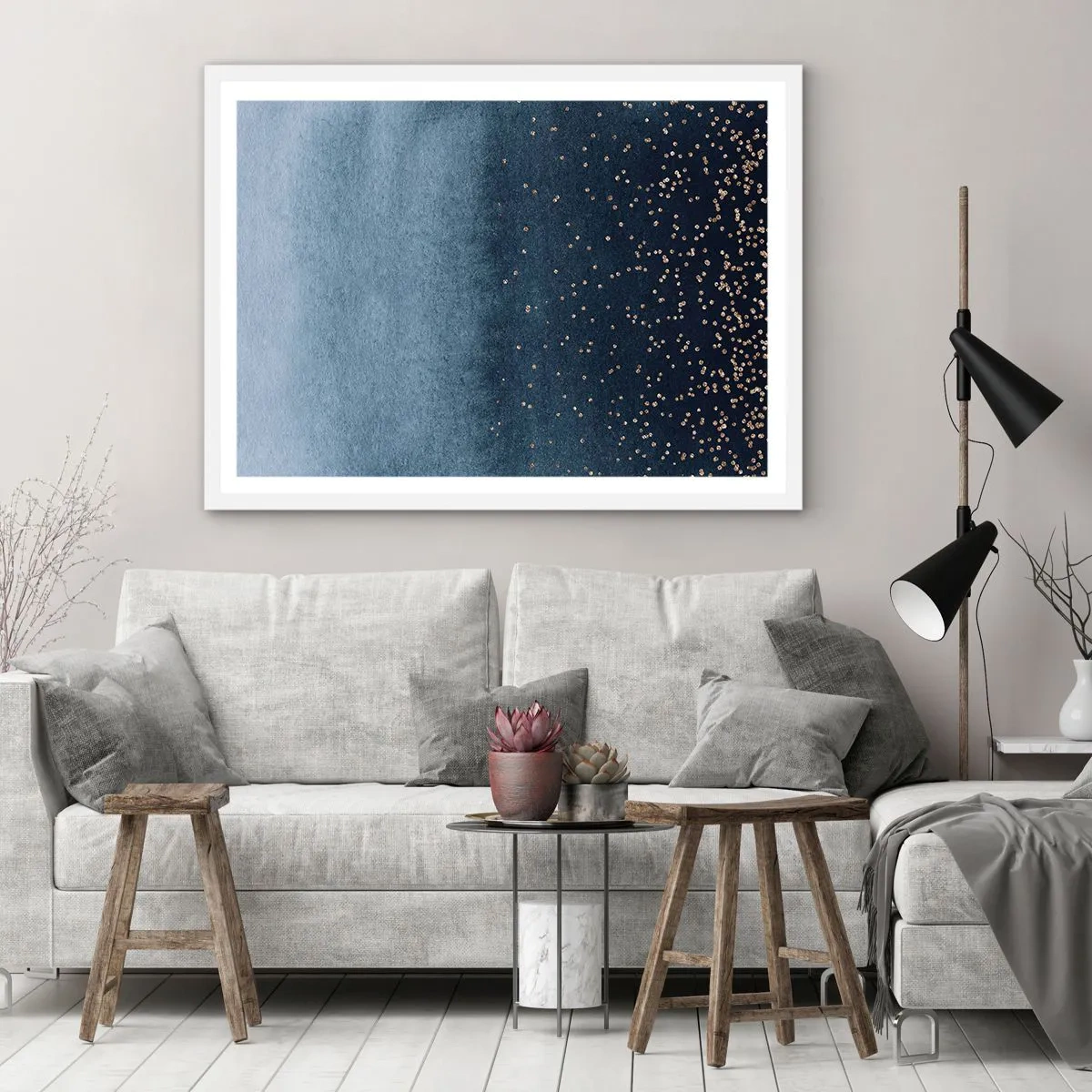 Poster in een witte lijst - Samenstelling - blauwe fasen - 100x70 cm