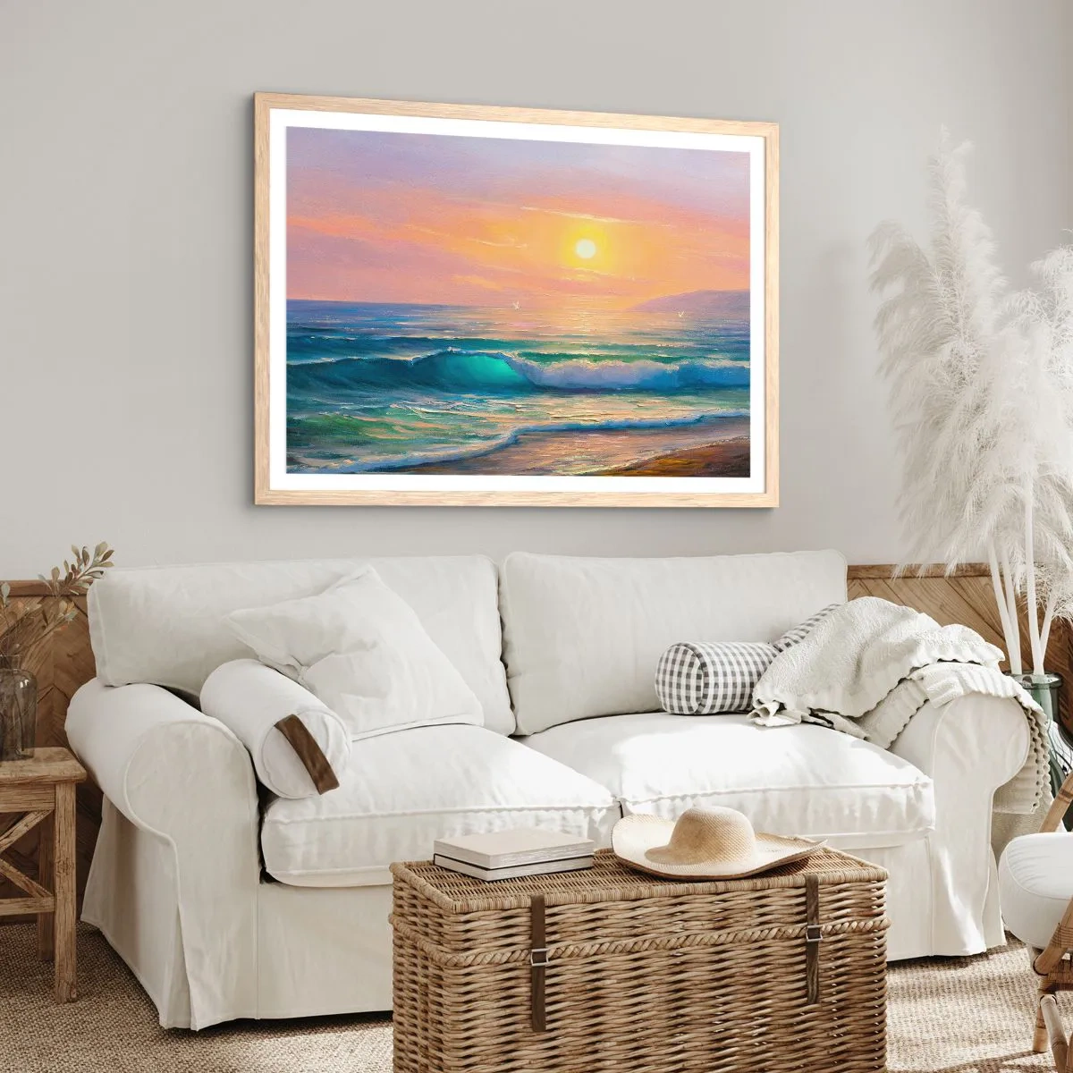 Een poster in een licht eiken lijst - Een turquoise lied van de golven - 91x61 cm