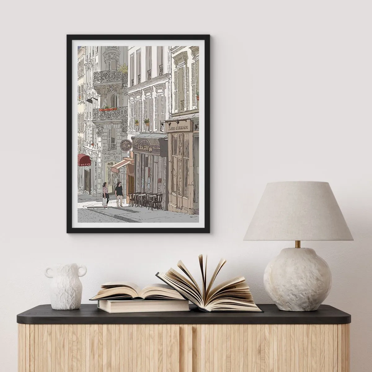 Poster in een zwarte lijst - Illustratie van een charmante straat in Parijse stijl - 50x70cm - Stadsvreugde - Moderne wanddecoratie voor woonkamer en slaapkamer ARTTOR