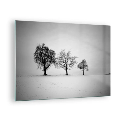 Schilderen op glas - Drie eenzame bomen in een met sneeuw bedekt gebied - 70x50cm - Waar dromen ze over? - Moderne wanddecoratie voor woonkamer en slaapkamer ARTTOR