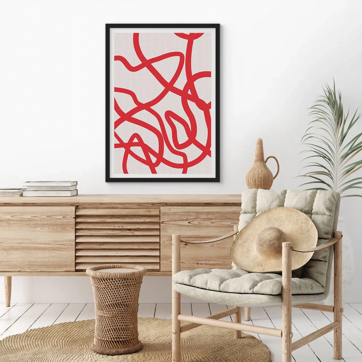Poster in een zwarte lijst - Abstracte compositie van dynamische rode lijnen op een lichte achtergrond. - 50x70cm - Rood op wit - Moderne wanddecoratie voor woonkamer en slaapkamer ARTTOR