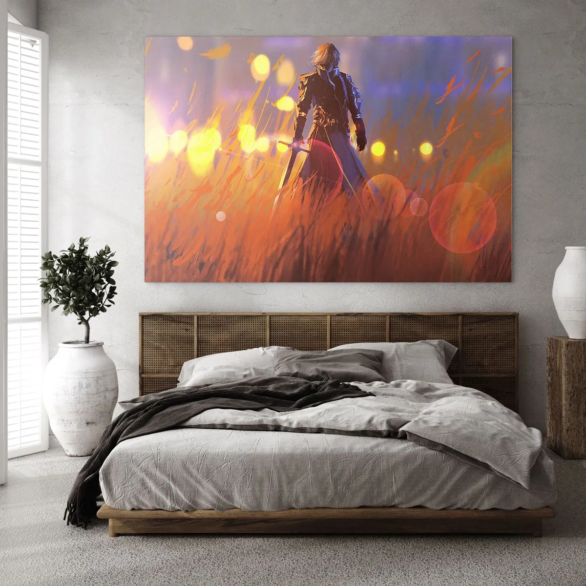 Schilderen op glas - Een figuur in harnas tussen oranje gras tegen een lichtgevende achtergrond. - 70x50cm - Dolende ridder - Moderne wanddecoratie voor woonkamer en slaapkamer ARTTOR