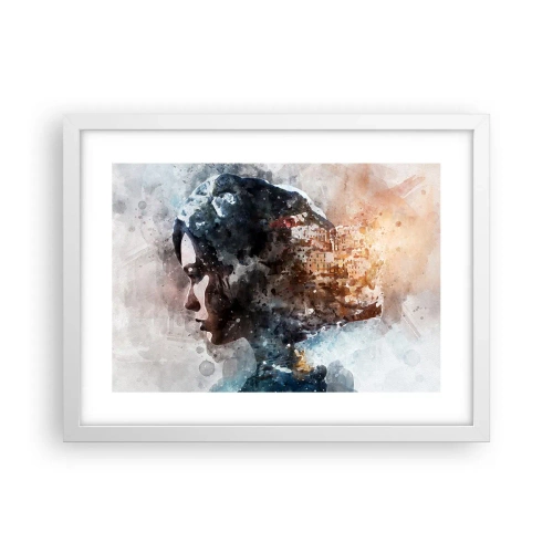 Poster in een witte lijst - Een verhaal over een meisje met een stad op de achtergrond - 40x30 cm