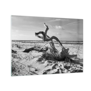 Schilderen op glas - Een zwart-wit landschap met een gevallen tak op een strand. - 70x50cm - Zee sculptuur - Moderne wanddecoratie voor woonkamer en slaapkamer ARTTOR