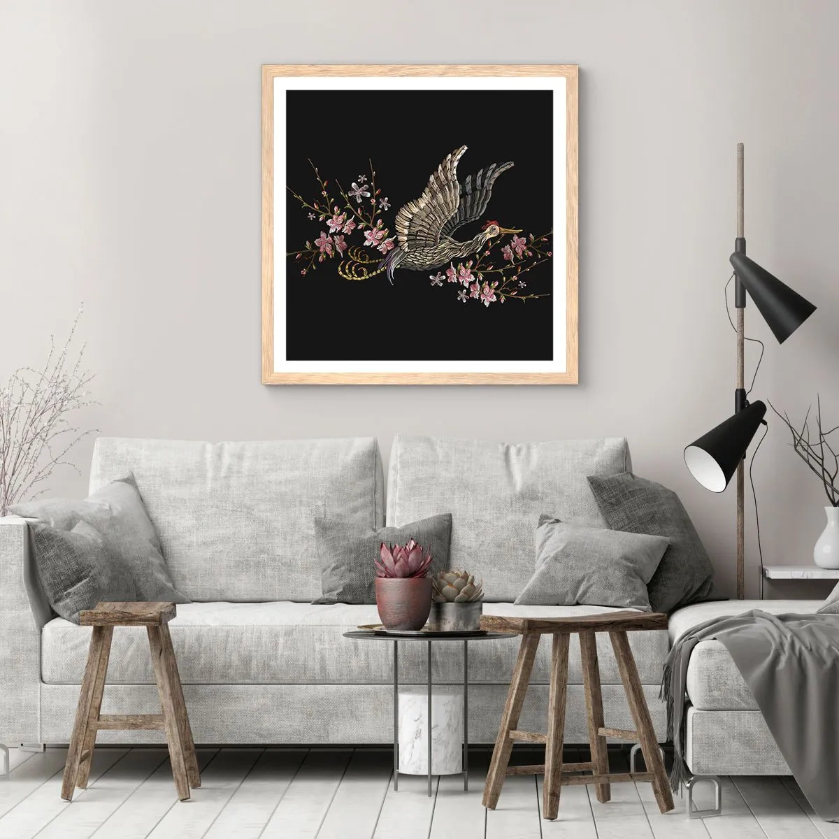 Een poster in een licht eiken lijst - Exotische geborduurde vogel - 30x30 cm