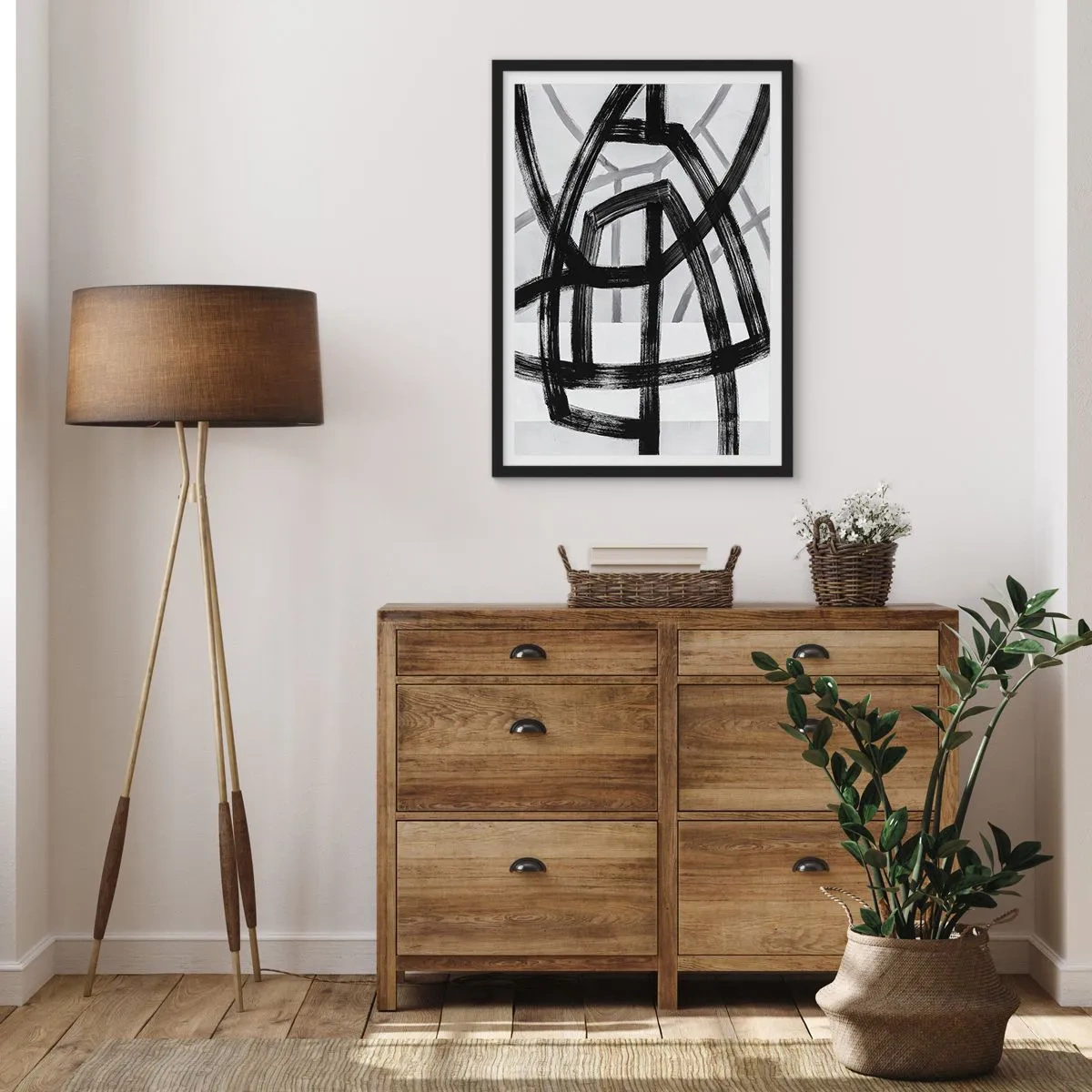 Poster in een zwarte lijst - Geometrische zwarte lijnen op een lichte achtergrond in een abstracte compositie - 50x70cm - Diepte opbouwen - Moderne wanddecoratie voor woonkamer en slaapkamer ARTTOR
