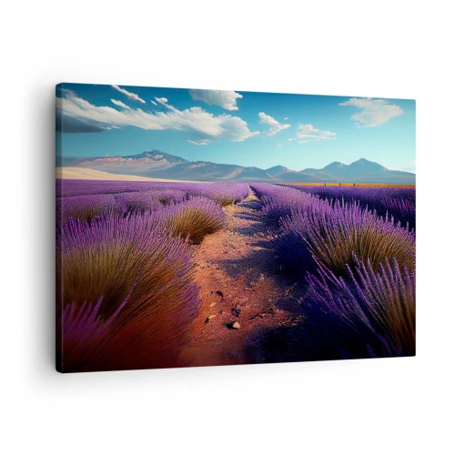 Schilderen op canvas - Een lavendelveld met uitzicht op de bergen en de blauwe lucht - 70x50cm - Geurige velden - Moderne wanddecoratie voor woonkamer en slaapkamer ARTTOR