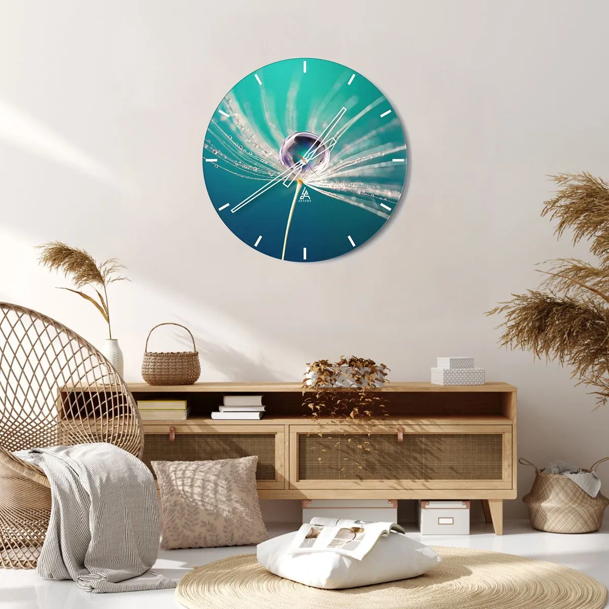 Wandklok - Klok - Macrofotografie van een dauwdruppel op een paardenbloemzaadje - 30x30cm - Mystiek moment - Moderne wanddecoratie voor woonkamer, keuken en slaapkamer ARTTOR