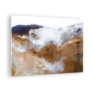 Schilderen op glas - Luchtfoto van dampende IJslandse heuvels en valleien - 70x50cm - De rauwe schoonheid van IJsland - Moderne wanddecoratie voor woonkamer en slaapkamer ARTTOR