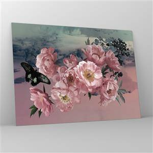 Schilderen op glas - Roze pioenrozen met een vlinder tegen de lucht - 70x50cm - Het hoogtepunt van de romantiek - Moderne wanddecoratie voor woonkamer en slaapkamer ARTTOR
