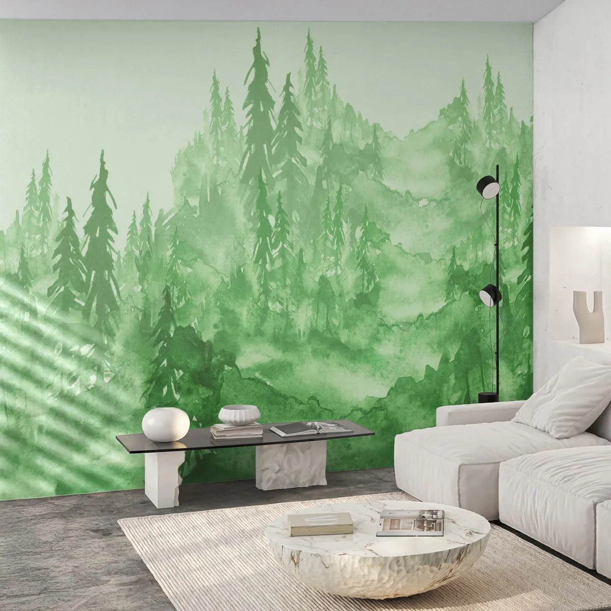 Fotobehang Premium Sand - Wazig met groene mist - Woud, Grafisch, Landschap - 100x70 cm