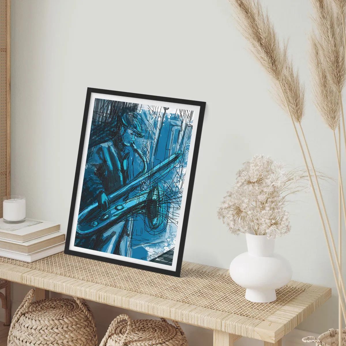 Poster in een zwarte lijst - Artistieke schets van een muzikant die saxofoon speelt - 50x70cm - Stedelijke Rapsodie - Moderne wanddecoratie voor woonkamer en slaapkamer ARTTOR