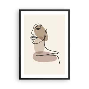 Poster in een zwarte lijst - Een minimalistisch portret van een vrouw in beige tinten. - 50x70cm - Luisteren naar zichzelf - Moderne wanddecoratie voor woonkamer en slaapkamer ARTTOR