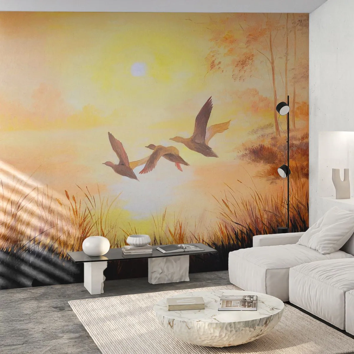 Fotobehang Premium Sand - Het begin van een lange reis - Natuur, Wilde eend, Landschap - 100x70 cm